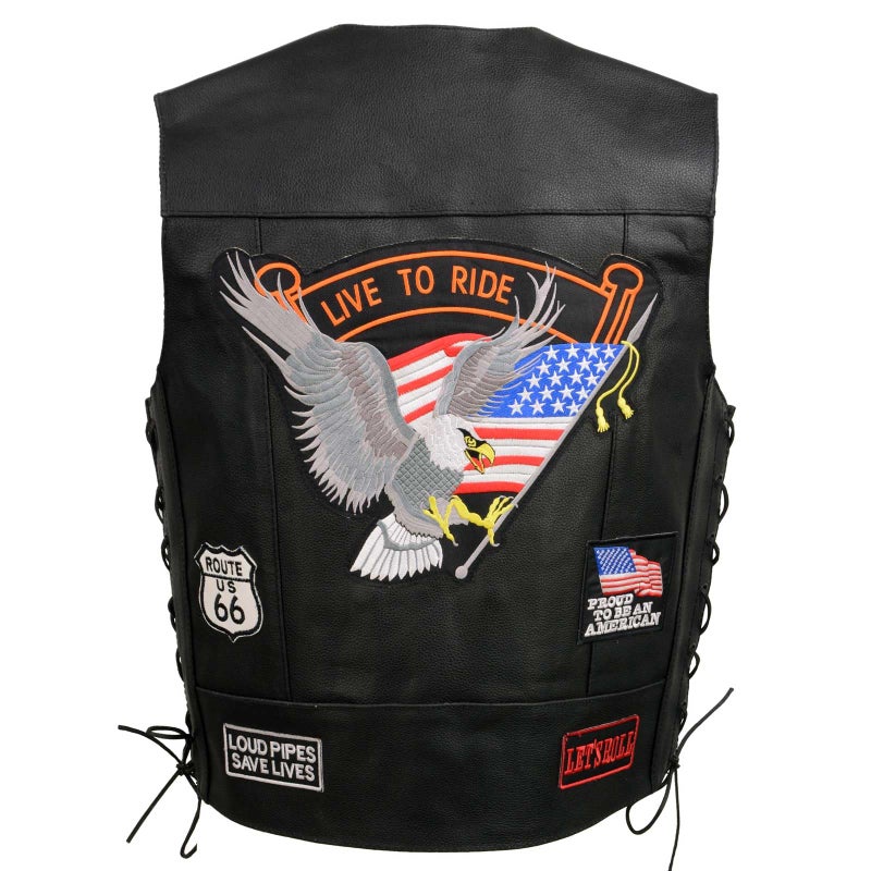 EVENT LEATHER ELM3930 Menâ€™s Black Motorcycle Riders Leather Vest w/ 9 Patches and Adjustable Side Laces - Medium - Image 1